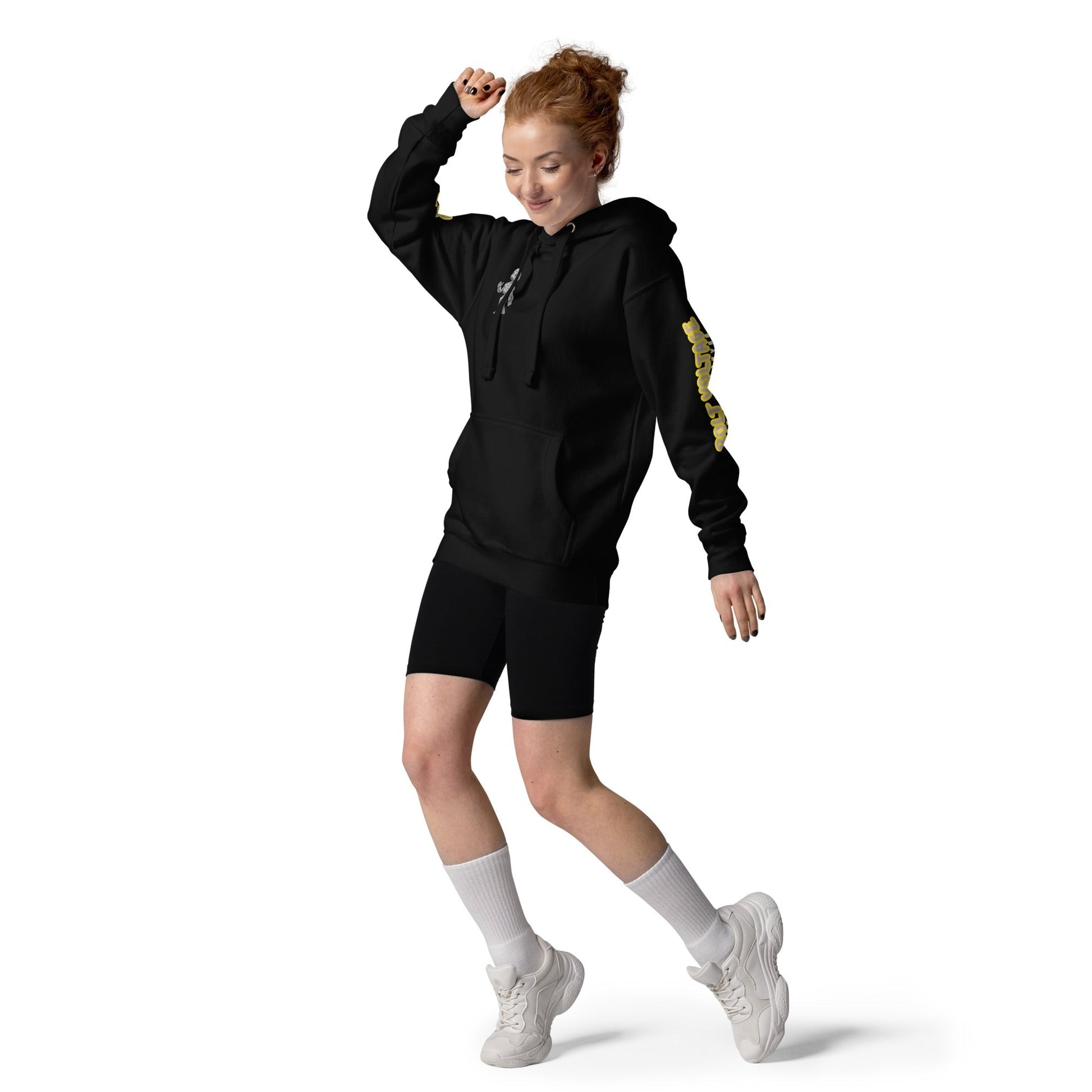Product mockupElfin Bolt Premium Hoodie in black, featuring front pouch pocket and 3-panel hood, worn by a person in a dynamic pose.