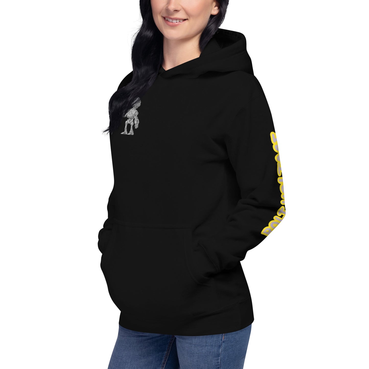 Product mockupElfin Bolt Premium Hoodie in black, featuring front pouch pocket and 3-panel hood, worn by a person in a dynamic pose.
