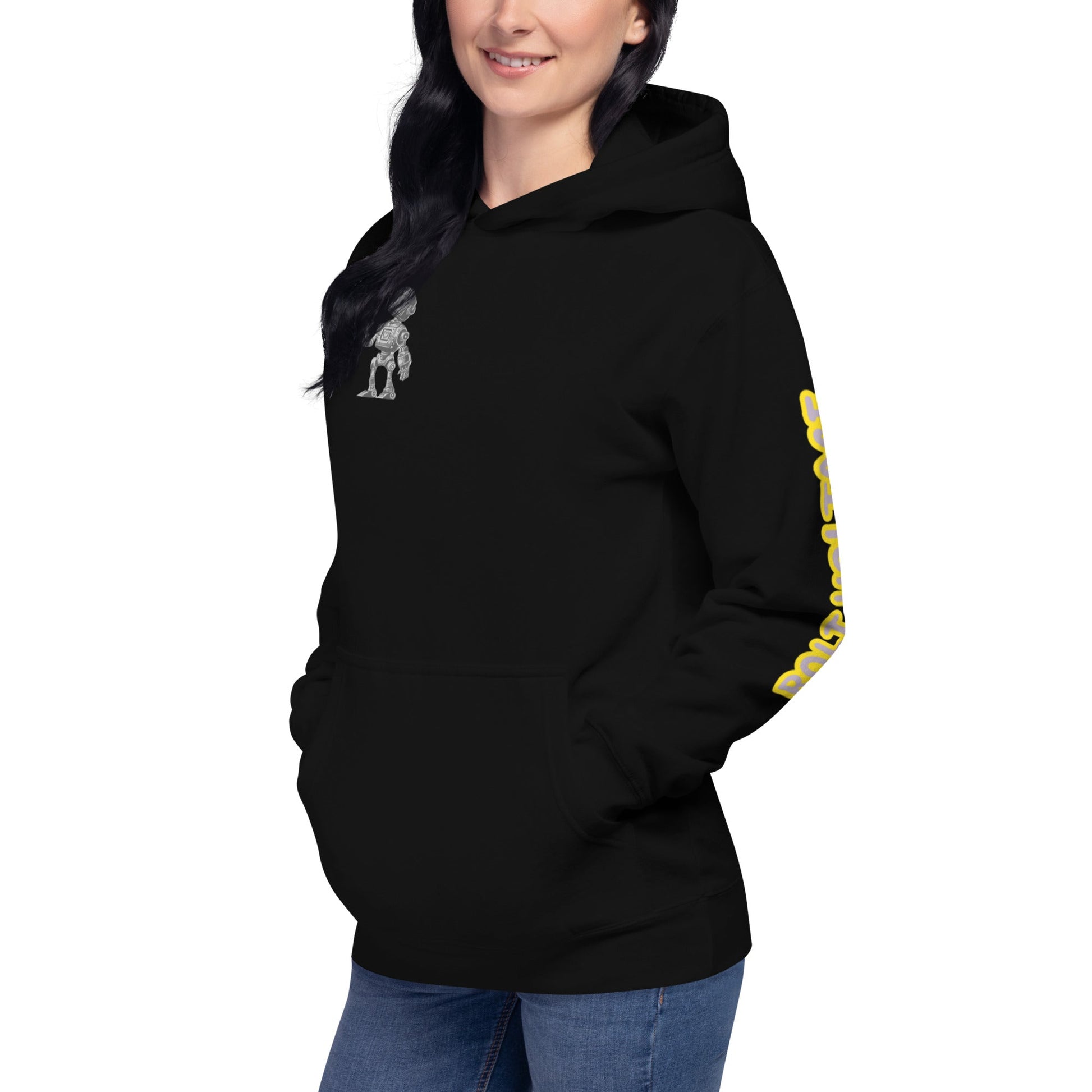 Product mockupElfin Bolt Premium Hoodie in black, featuring front pouch pocket and 3-panel hood, worn by a person in a dynamic pose.