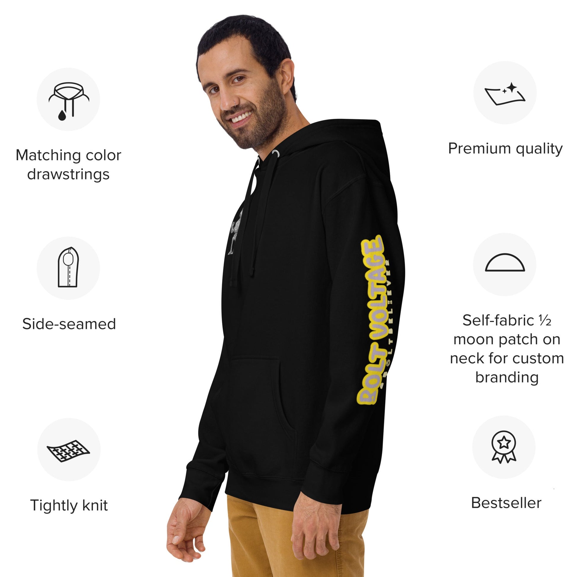 Product mockupElfin Bolt Premium Hoodie in black, featuring front pouch pocket and 3-panel hood, worn by a person in a dynamic pose.