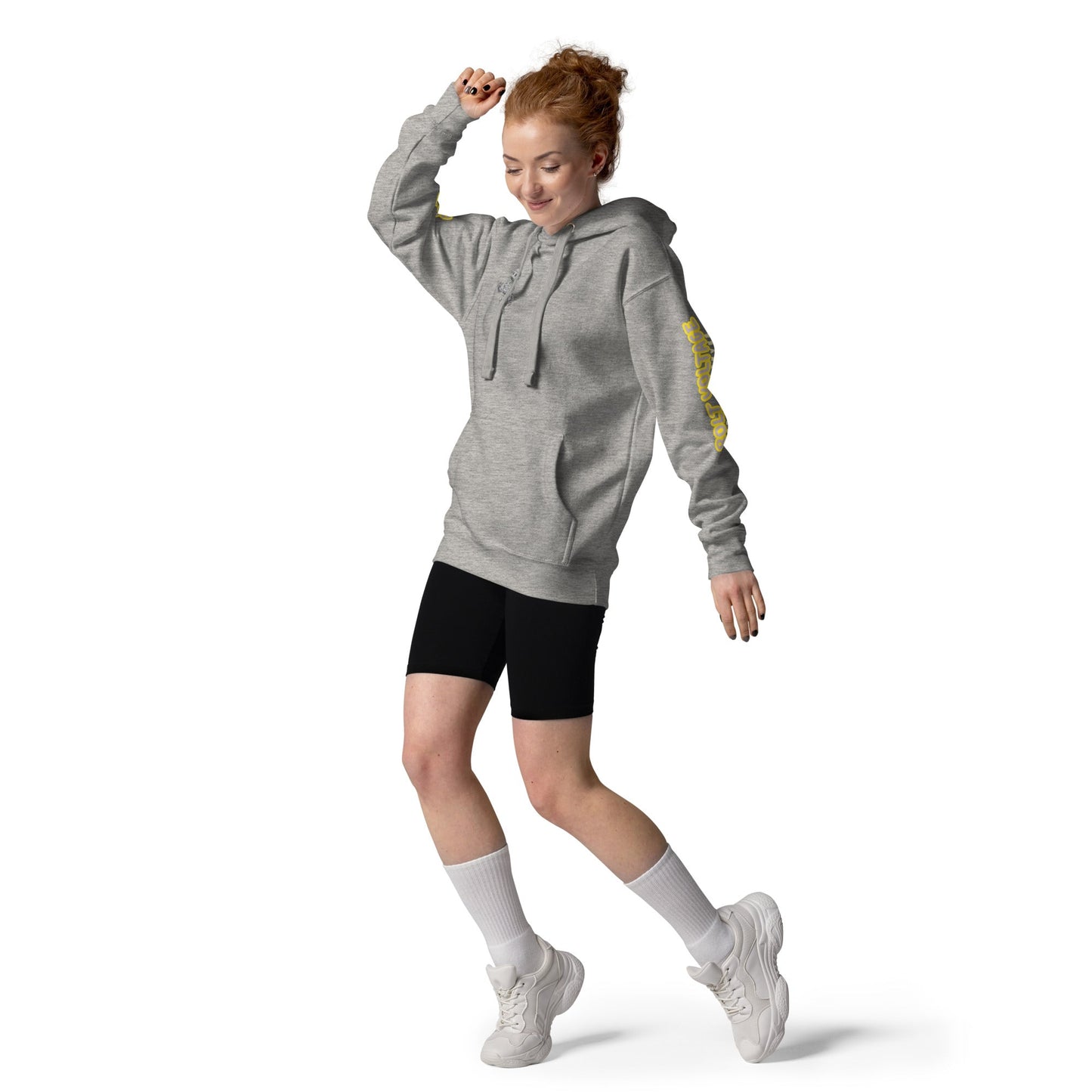 Elfin Bolt Premium Hoodie worn by a person, featuring a gray design with front pouch pocket and matching drawstrings.