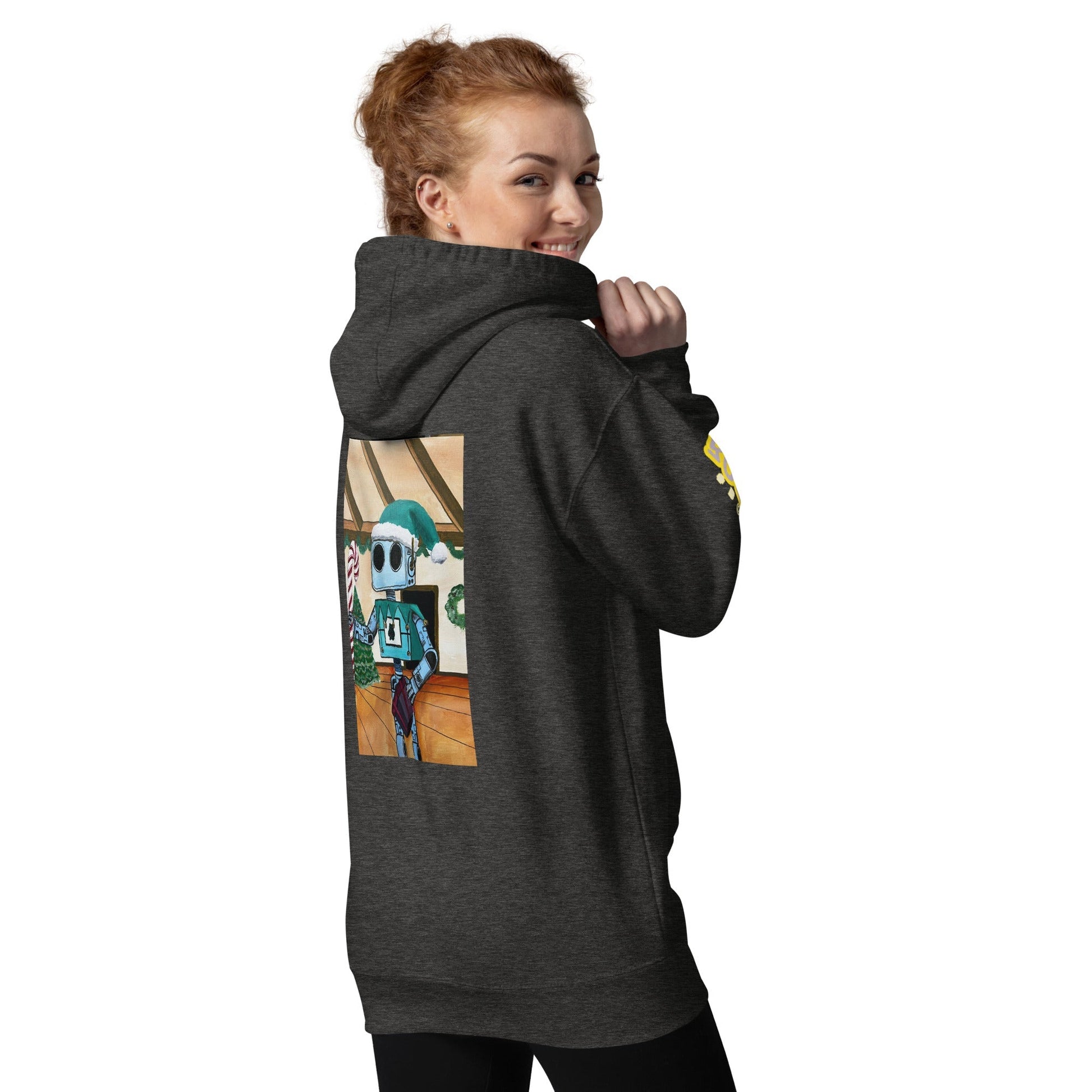 Product mockupElfin Bolt Premium Hoodie in black, featuring front pouch pocket and 3-panel hood, worn by a person in a dynamic pose.