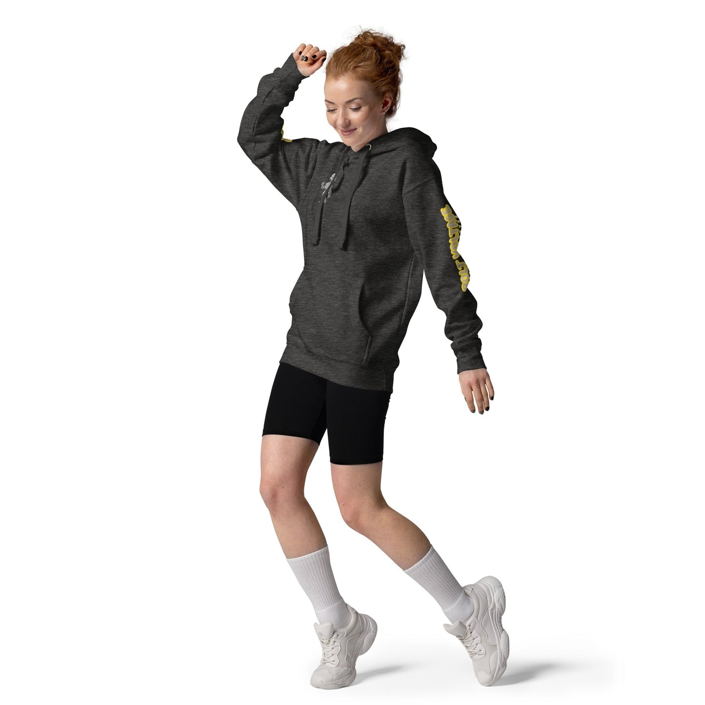 Elfin Bolt Premium Hoodie in black, featuring front pouch pocket and 3-panel hood, worn by a person in a dynamic pose.Product mockup