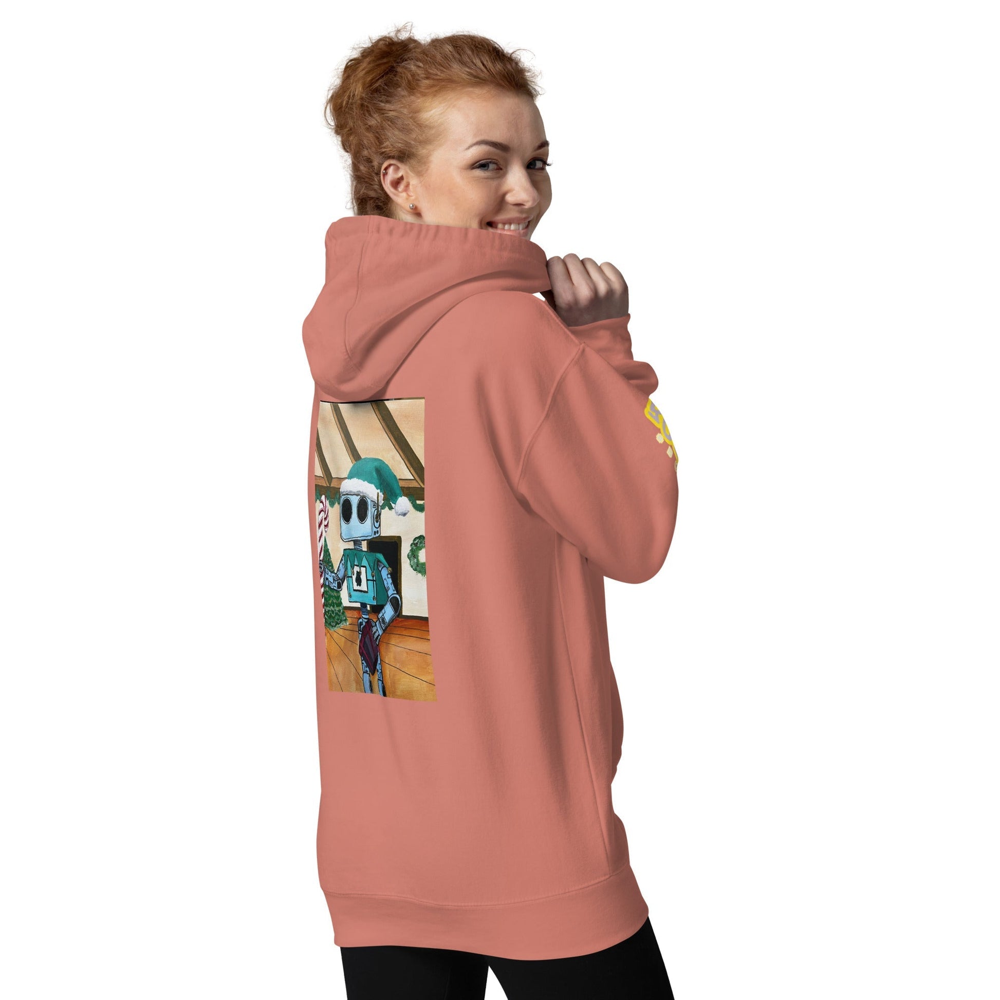 Elfin Bolt Premium Hoodie with sci-fi graphic on the back, featuring 100% cotton face and 3-panel hood.