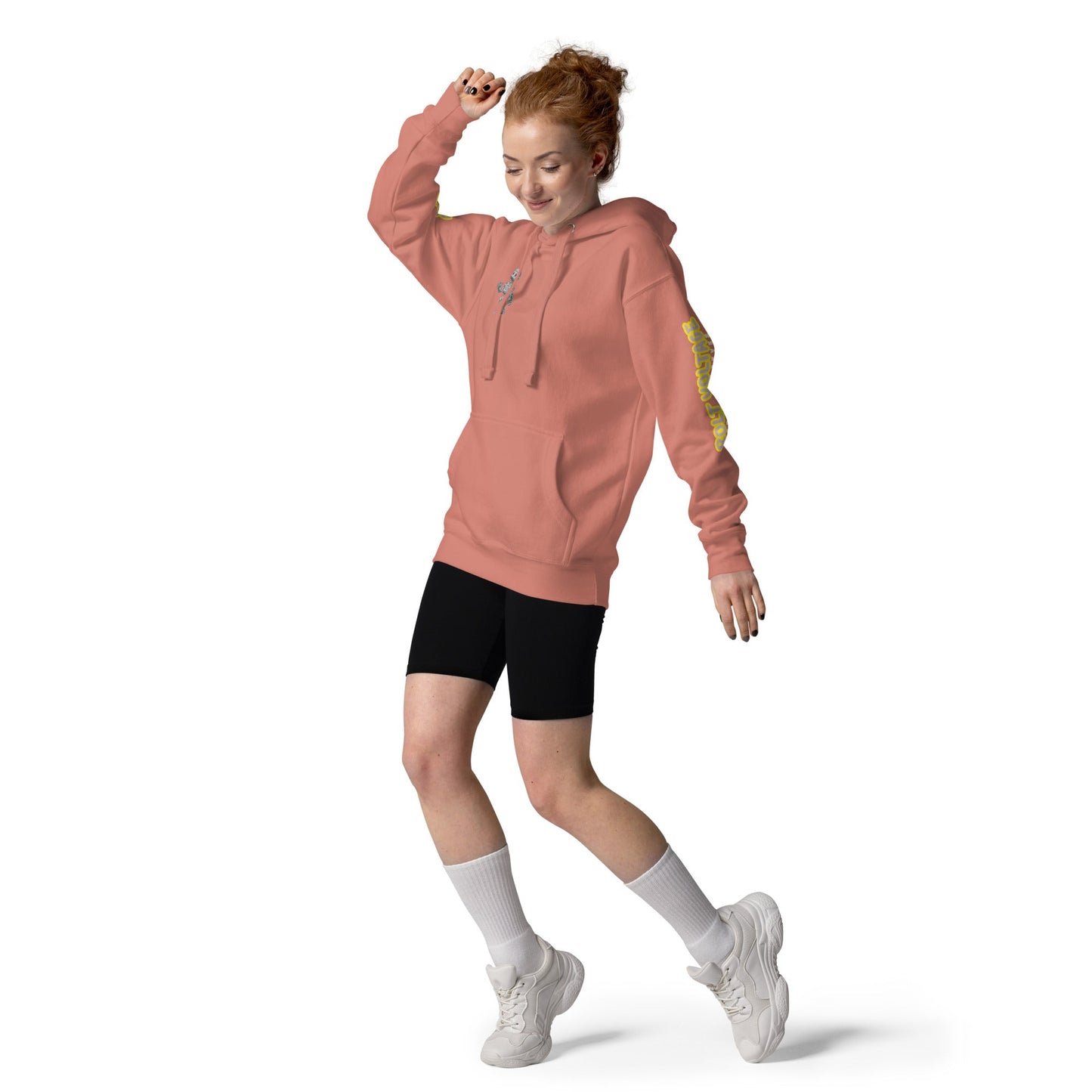 Elfin Bolt Premium Hoodie in pink, featuring a front pouch pocket and adjustable drawstrings, worn by a person showcasing comfort and style.