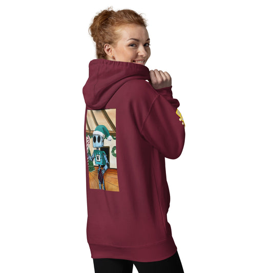 Product mockupElfin Bolt Premium Hoodie in black, featuring front pouch pocket and 3-panel hood, worn by a person in a dynamic pose.