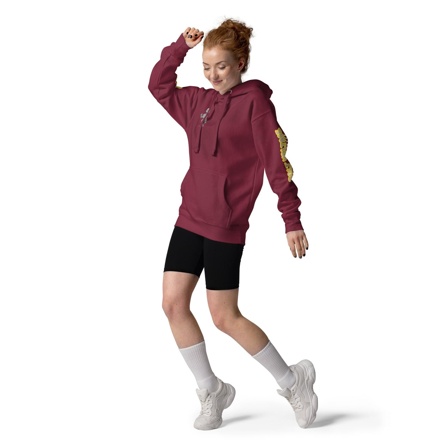 Product mockupElfin Bolt Premium Hoodie in black, featuring front pouch pocket and 3-panel hood, worn by a person in a dynamic pose.