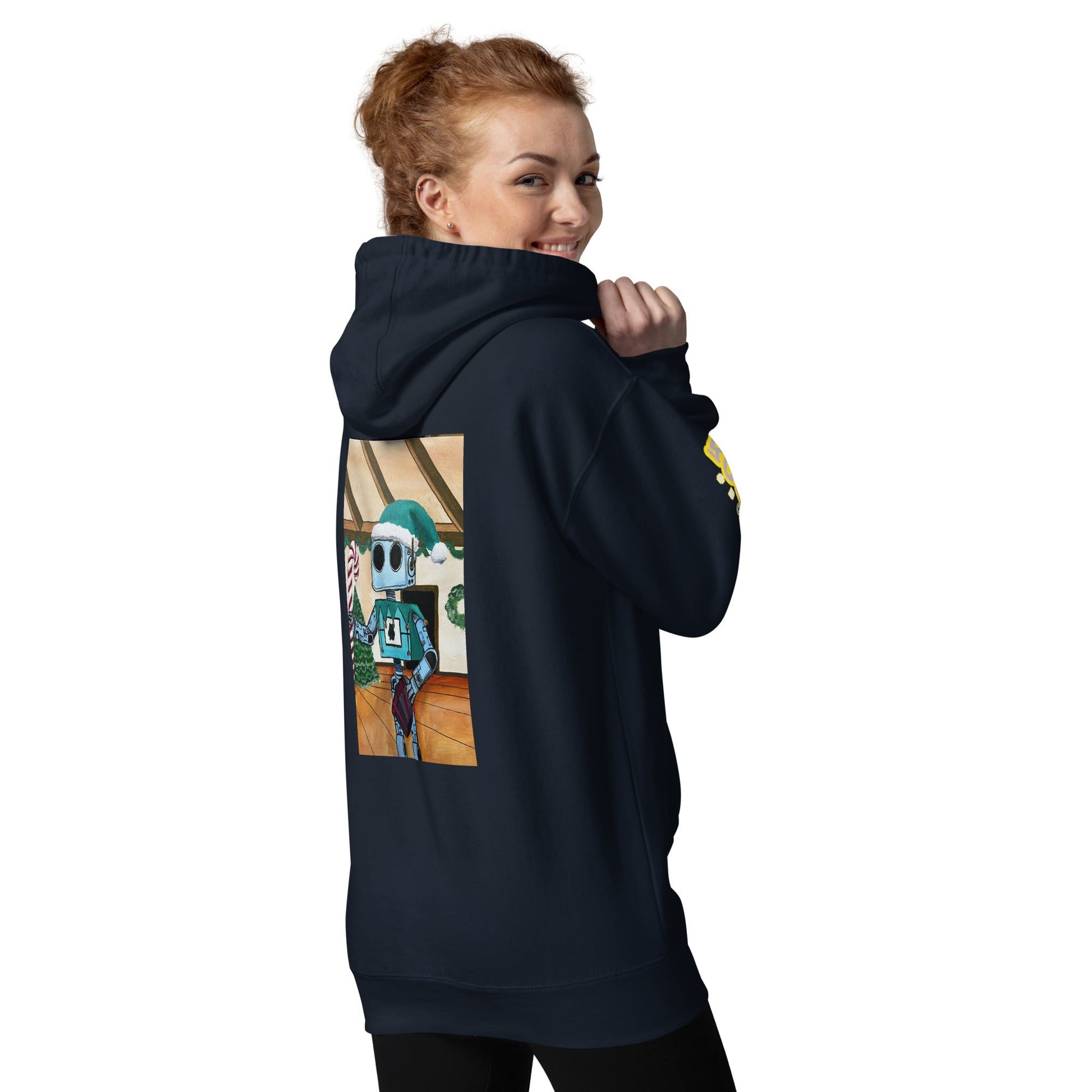Product mockupElfin Bolt Premium Hoodie in black, featuring front pouch pocket and 3-panel hood, worn by a person in a dynamic pose.