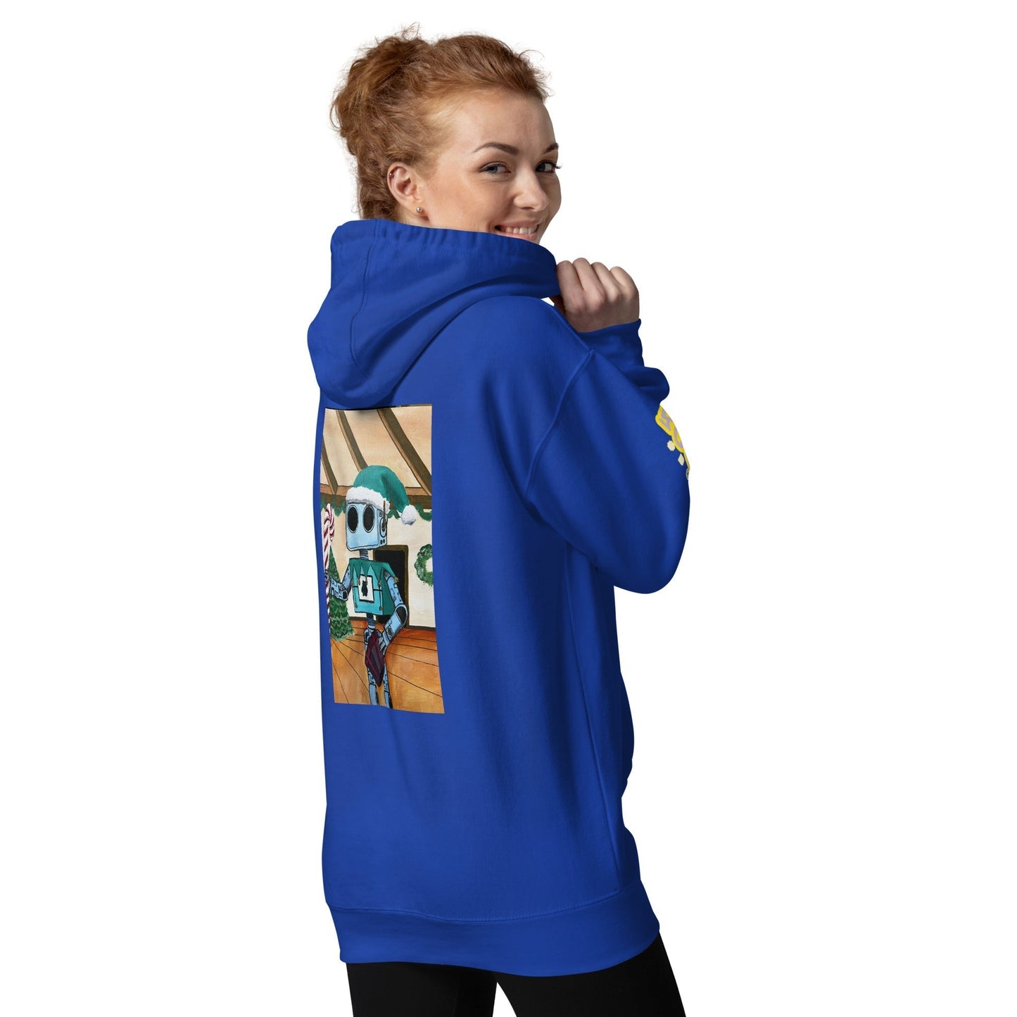 Elfin Bolt Premium Hoodie with robot graphic, 100% cotton face, 65% ring-spun cotton, 35% polyester blend, features front pouch pocket and 3-panel hood.