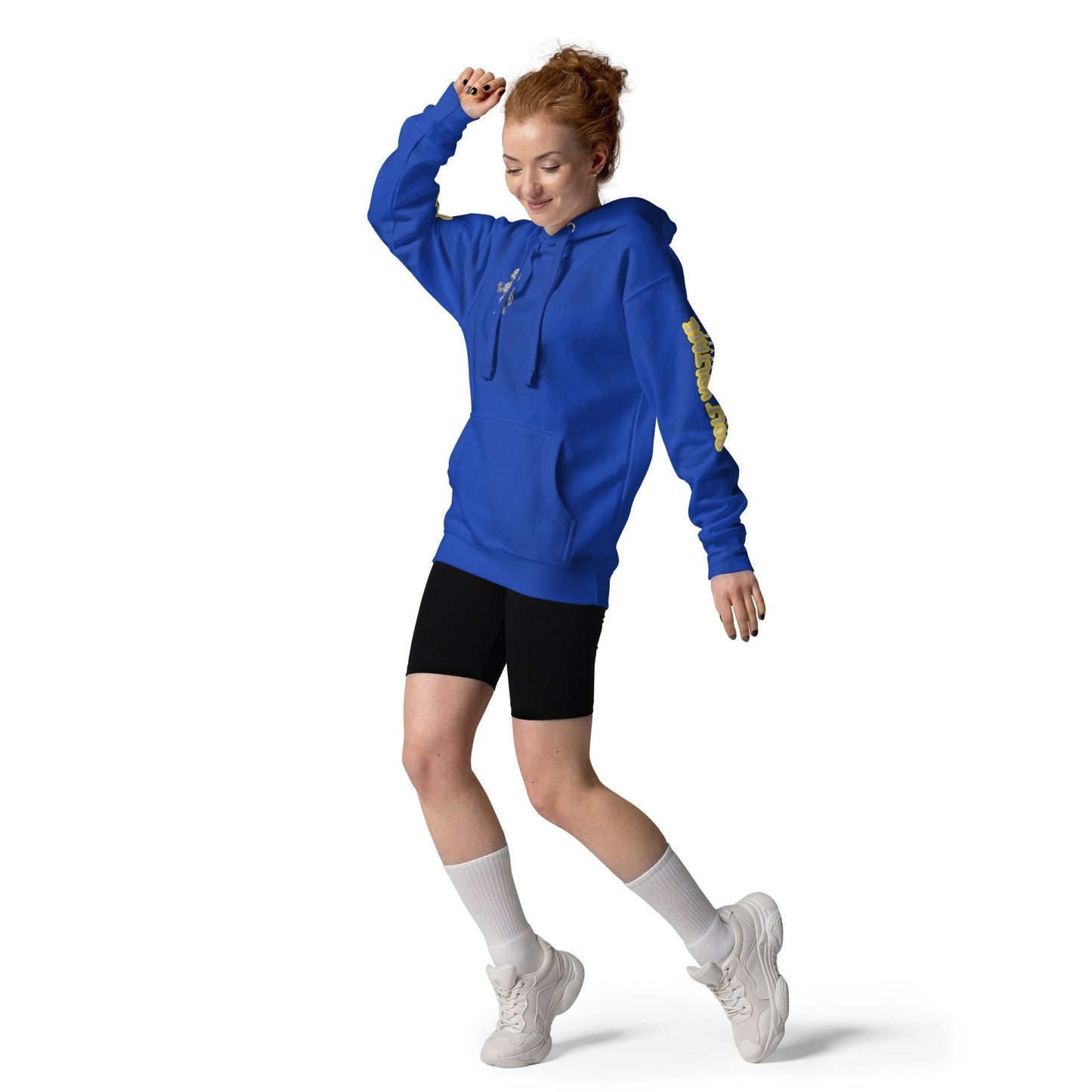 Elfin Bolt Premium Hoodie in blue, featuring cotton blend fabric, front pouch pocket, and adjustable drawstring hood.