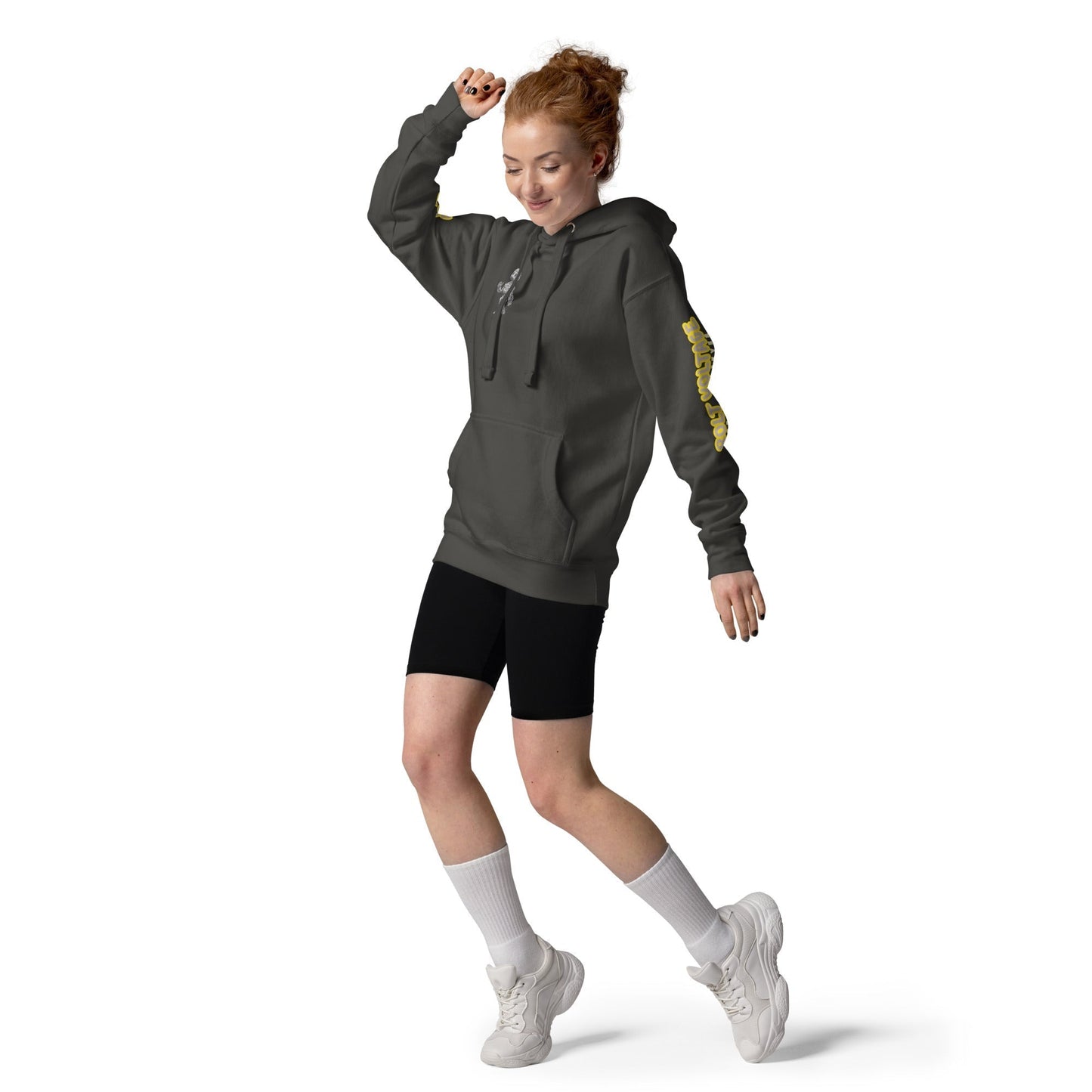 Elfin Bolt Premium Hoodie in black, featuring front pouch pocket and 3-panel hood, worn by a person in a dynamic pose.
