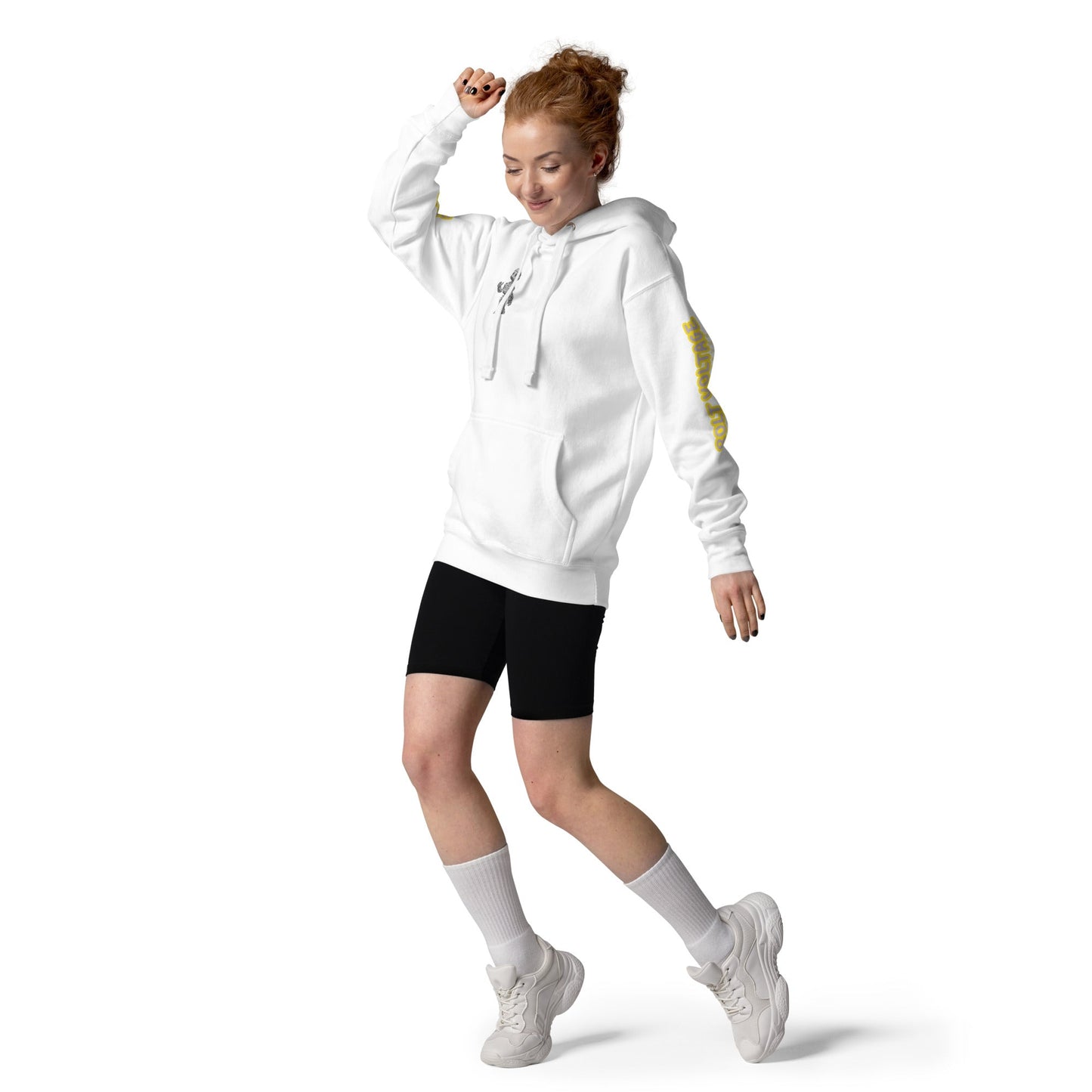 Elfin Bolt Premium Hoodie in white, featuring a front pouch pocket and 3-panel hood, perfect for style and comfort.