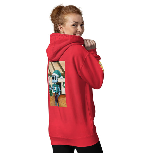 Red Elfin Bolt Premium Hoodie with front pouch and unique back graphic, offering comfort and style.
